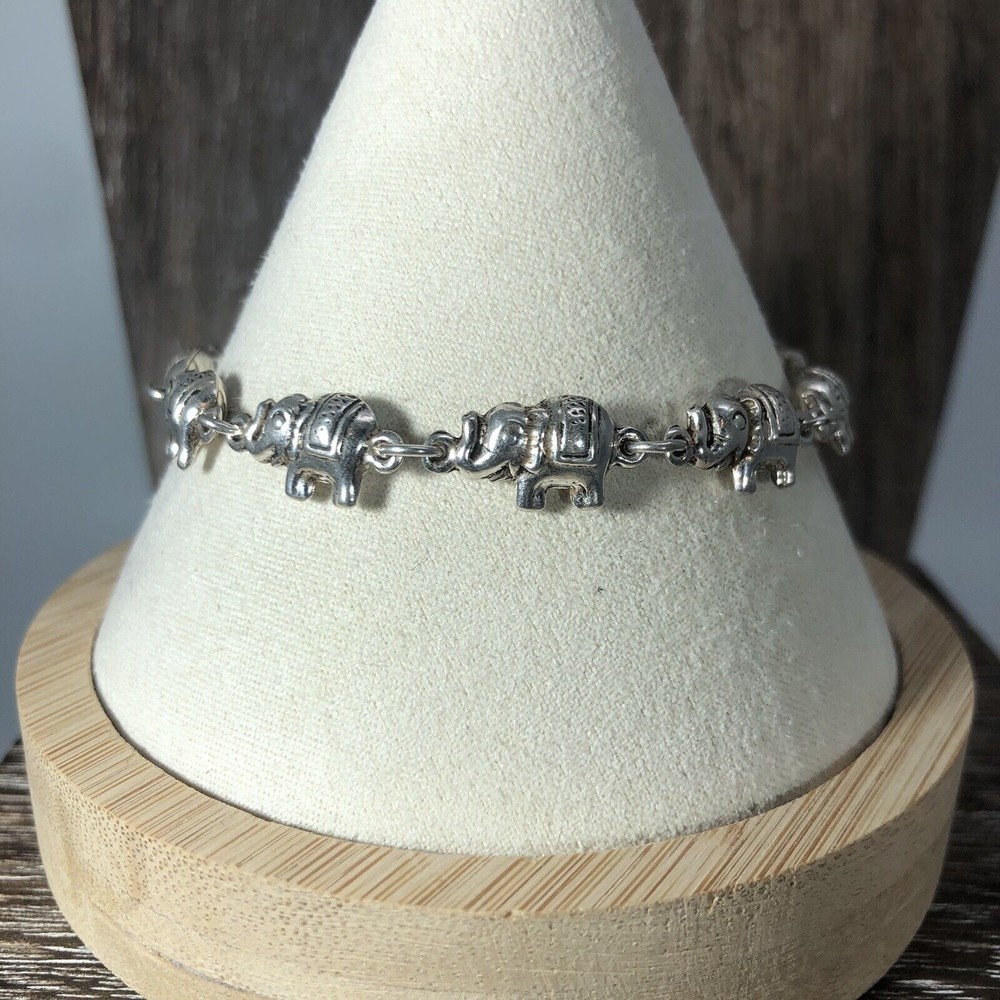 Vintage 925 Sterling Silver Lucky Elephant Link Bracelet. 7”